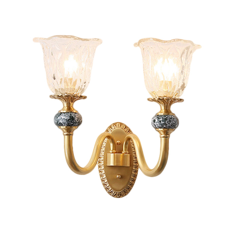 Classic Brass Floral Wall Sconce With Clear Ribbed Glass And Swooping Arm - 1/2-Head Mount Lamp