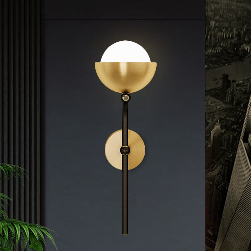 Metallic Hemisphere Wall Sconce With Orb White Glass Shade In Brass/Black And Gold - Traditional