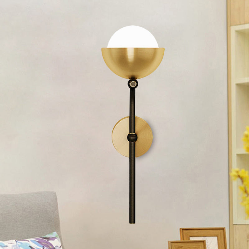 Metallic Hemisphere Wall Sconce With Orb White Glass Shade In Brass/Black And Gold - Traditional