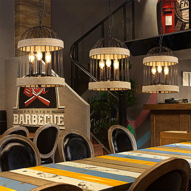 Vintage Black Birdcage Ceiling Light With Chain - Metal And Rope Hanging Lamp For Dining Room