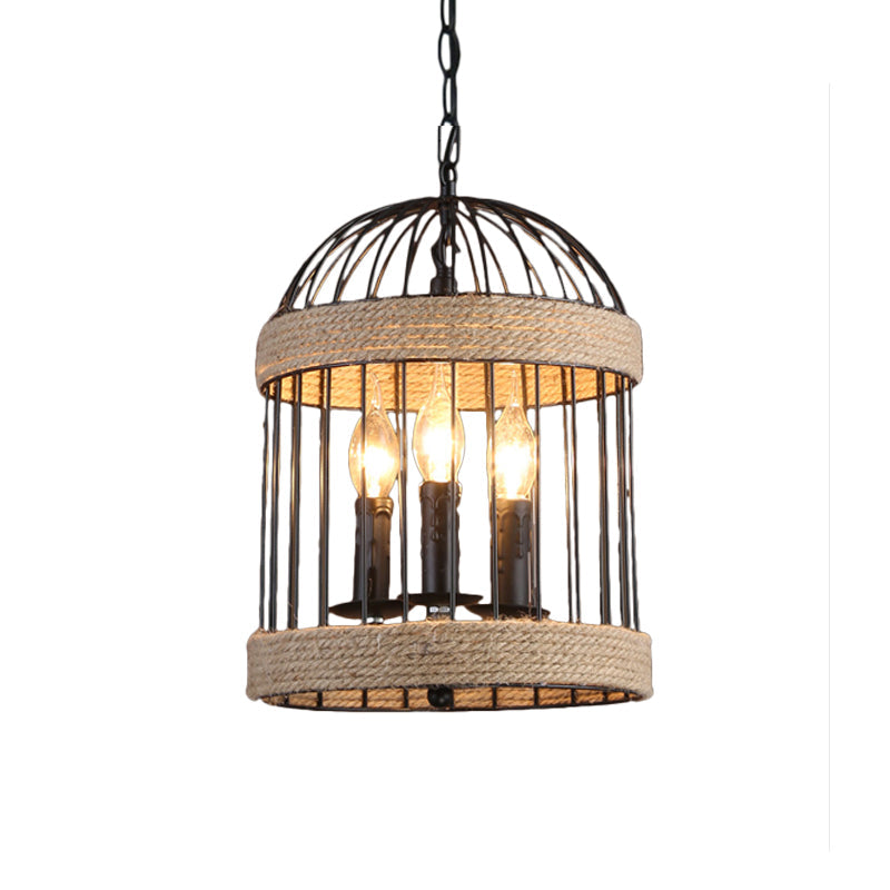 Vintage Black Birdcage Ceiling Light With Chain - Metal And Rope Hanging Lamp For Dining Room