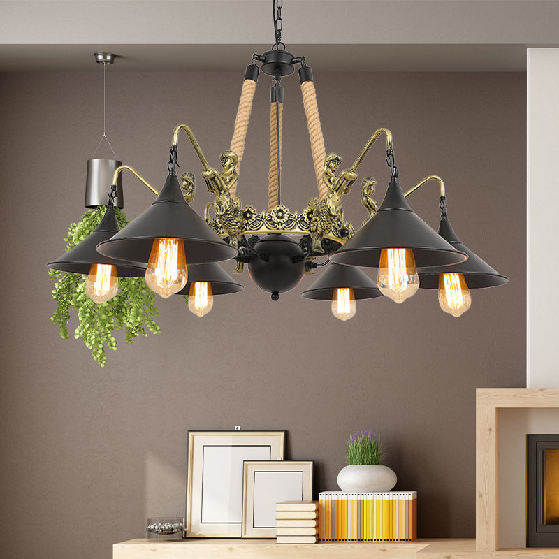 Industrial Bell Chandelier - Metal And Rope Suspension Light With Mermaid Deco Black (6/8 Bulbs) 6 /