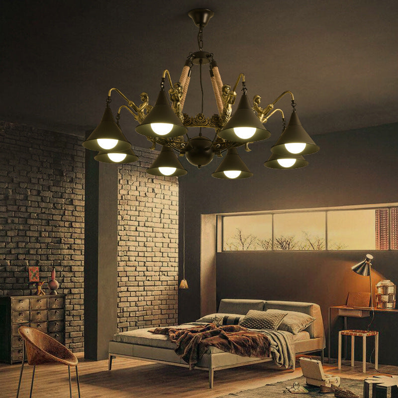 Black Industrial Bell Chandelier Light W/ Mermaid Deco - Metal/Rope Suspension | 6/8 Bulbs