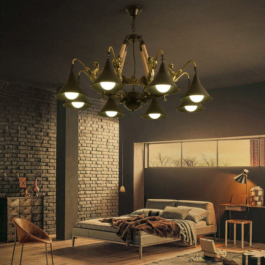 Black Industrial Bell Chandelier Light W/ Mermaid Deco - Metal/Rope Suspension | 6/8 Bulbs