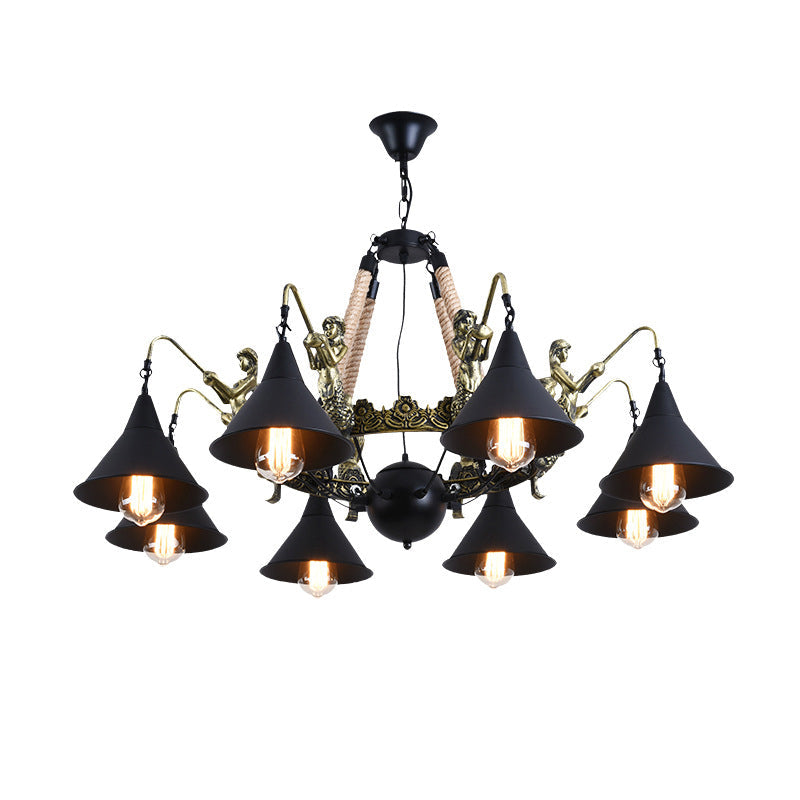 Black Industrial Bell Chandelier Light W/ Mermaid Deco - Metal/Rope Suspension | 6/8 Bulbs