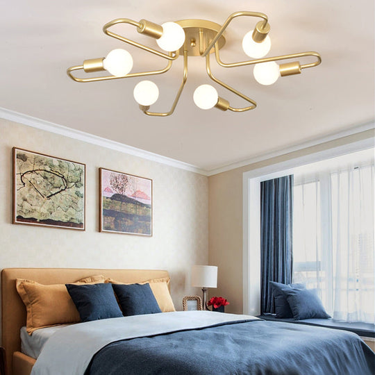 Contemporary Gold/Black/White Sputnik Semi Flush Ceiling Light - 6 - Light Metal Mount For Bedroom