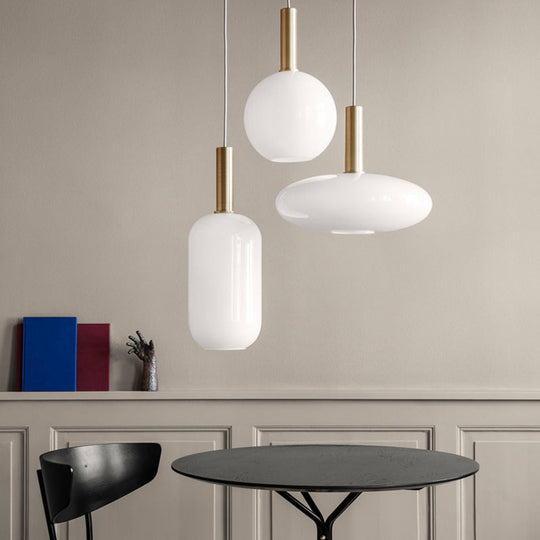 Modern White Glass Pendant Light With Brass Led: Globe/Ellipsoid/Dome Design