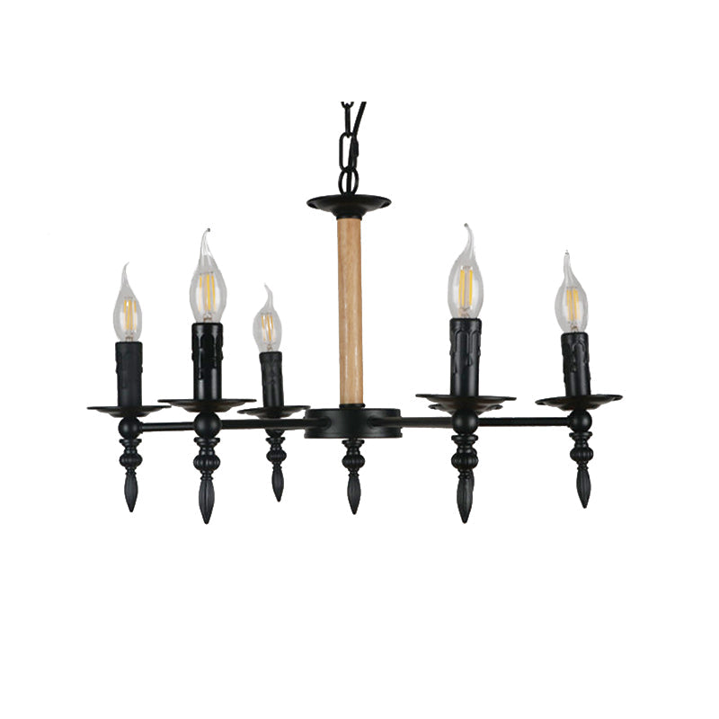 Black Finish Candle Chandelier - Antique Metal/Wood 6 Heads Restaurant Pendant Light