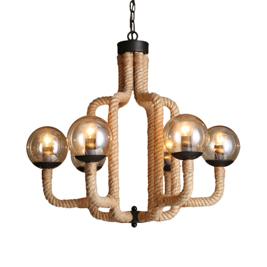 Vintage 6-Light Brown Roped Ceiling Pendant With Glass Ball Shade - Restaurant Chandelier