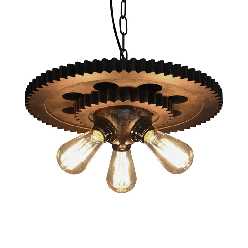 Retro Industrial 3-Head Pendant Light With Dark Rust Finish - Exposed Bulbs Metal Construction And
