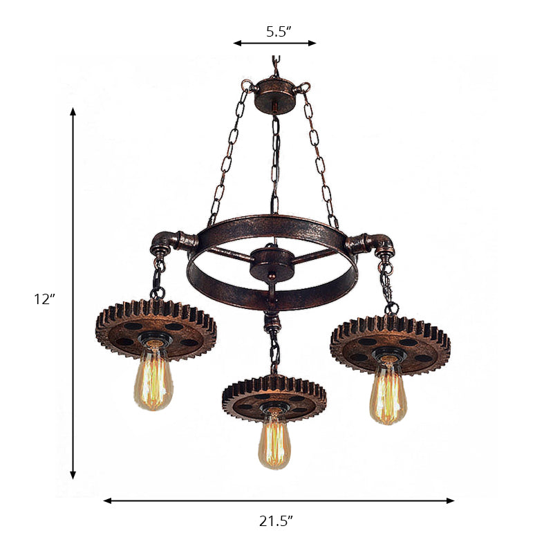 Retro Industrial 3-Head Pendant Light With Dark Rust Finish - Exposed Bulbs Metal Construction And
