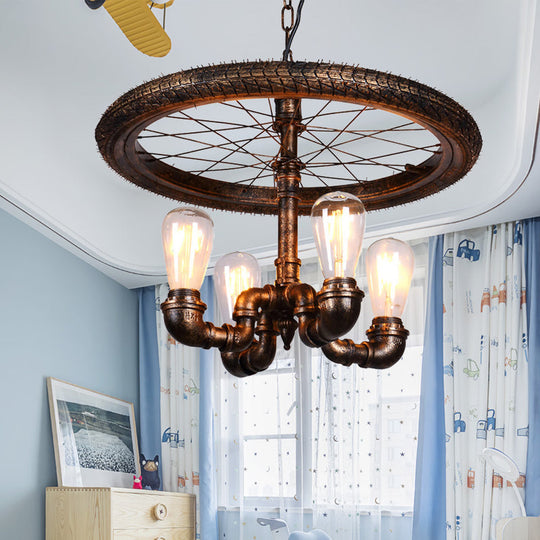Vintage Metal Chandelier - 4 Lights Rust Pendant Light With Pipe Wheel Design For Living Room