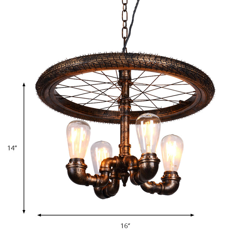 Vintage Metal Chandelier - 4 Lights Rust Pendant Light With Pipe Wheel Design For Living Room
