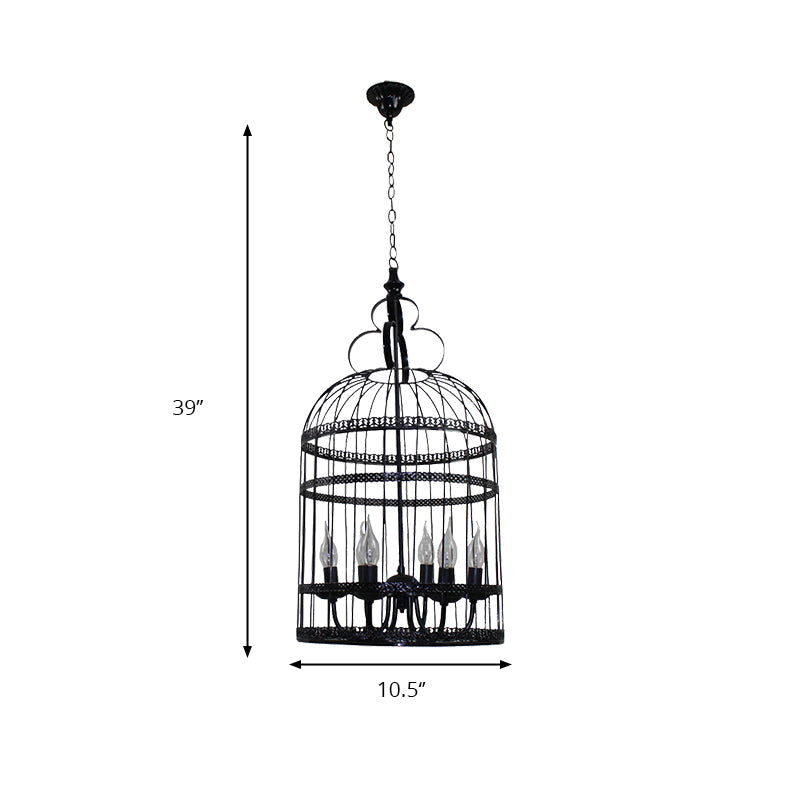 Industrial Style Bird Cage Hanging Light With Candle - Black Metallic Chandelier Lamp For Bedroom