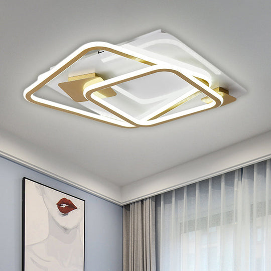 Gold Led Square Bedroom Ceiling Light - Semi Flush Mount With Metal Simplicity