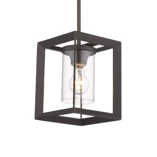 Industrial Black Cylinder Glass Pendant Light - Clear Living Room Ceiling Fixture
