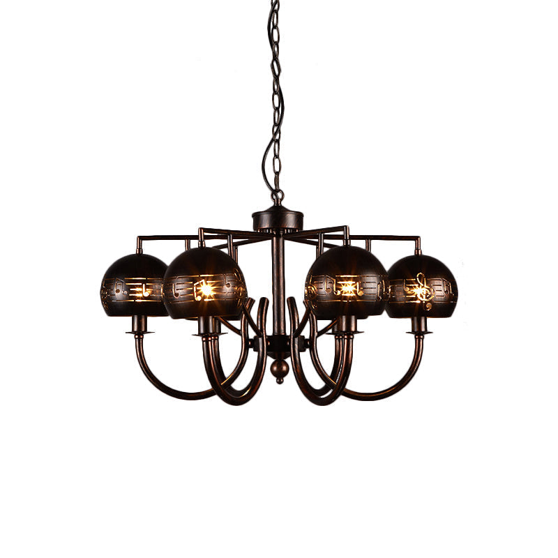 Vintage-Inspired 6-Light Rust Pendant Chandelier With Musical Note Metalperfect For Restaurants