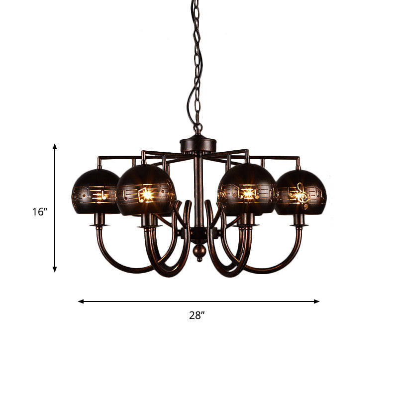 Vintage-Inspired 6-Light Rust Pendant Chandelier With Musical Note Metalperfect For Restaurants