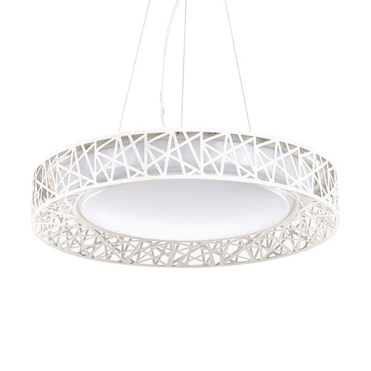Nordic Metal Led Drum Pendant Light With Hollow Design 12’/15’/19’ Wide In White/Warm/Natural