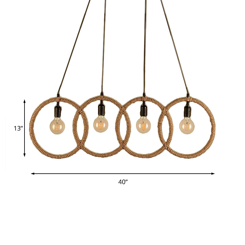 Black Finish Lodge Style Four-Ring Pendant Light With Manila Rope - 4 Lights For Coffee Shop