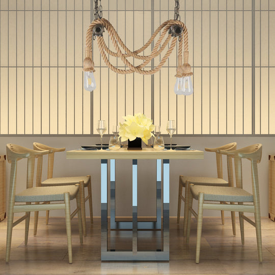 Wrought Iron Bronze Chandelier Lamp With Hemp Rope For Bar - Antique Style 4 Lights Open Bulb