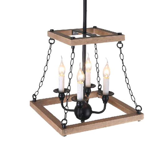 Farmhouse Metal And Wood Trapezoid Chandelier With Flameless Candle - 4-Light Hanging Lamp