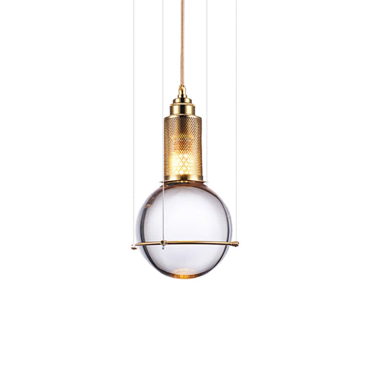 Clear Crystal Ball Pendant Lamp With Led Light - Modern Design Gold Mesh Cage Bedroom Hanging In