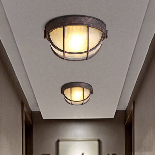 Rustic Ribbed Glass Dome Ceiling Light Fixture With Cage - Single Flush Mount