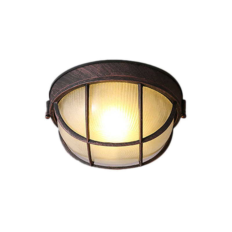 Rustic Ribbed Glass Dome Ceiling Light Fixture With Cage - Single Flush Mount