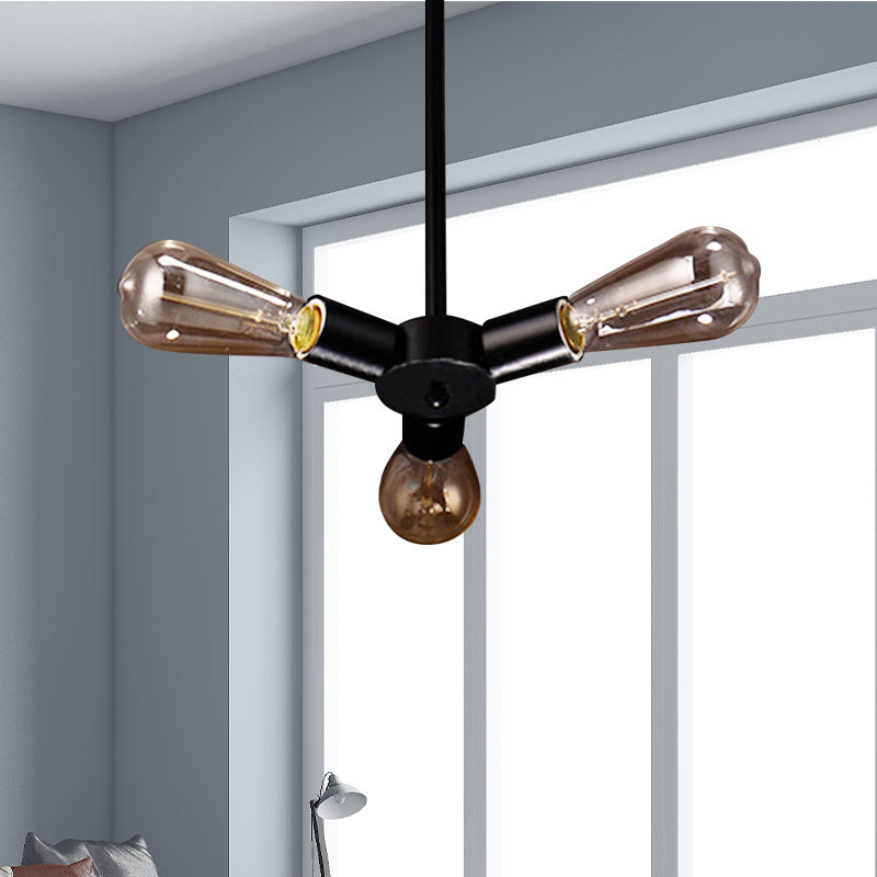 Vintage Black Finish Metal Bare Bulb Chandelier With Hanging Rod - 3/4/5 Lights For Bar 3 /