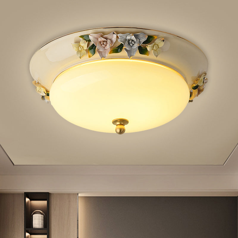 Retro Style Led Ceiling Fixture: 12/14 Wide Bowl Shape Milky Glass Flush Mount With Blossom Decor -