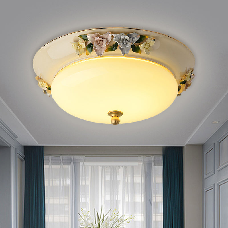 Retro Style Led Ceiling Fixture: 12/14 Wide Bowl Shape Milky Glass Flush Mount With Blossom Decor -