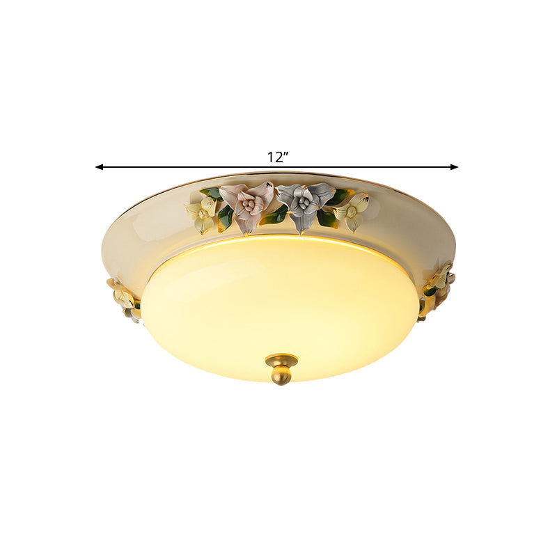 Retro Style Led Ceiling Fixture: 12’/14’ Wide Bowl Shape Milky Glass Flush Mount With Blossom