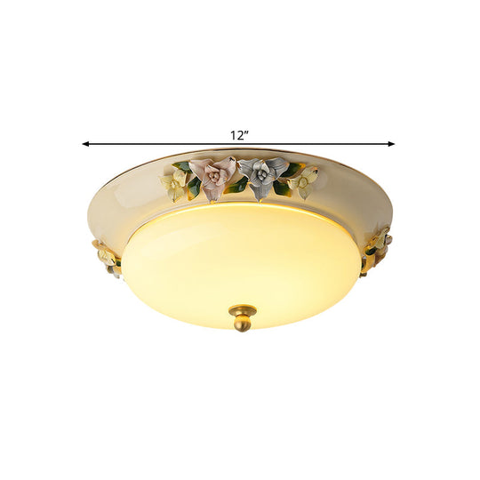 Retro Style Led Ceiling Fixture: 12/14 Wide Bowl Shape Milky Glass Flush Mount With Blossom Decor -