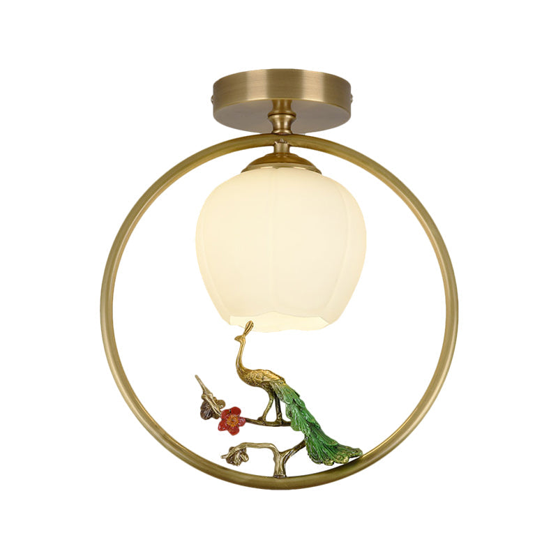 Rustic Opal Glass & Brass Ceiling Lamp With Peacock Decor