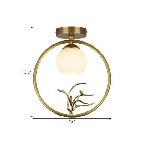 Rustic Opal Glass & Brass Ceiling Lamp With Peacock Decor