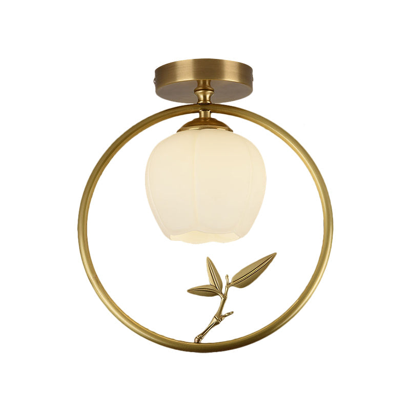 Rustic Opal Glass & Brass Ceiling Lamp With Peacock Decor