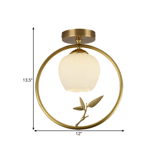 Rustic Opal Glass & Brass Ceiling Lamp With Peacock Decor