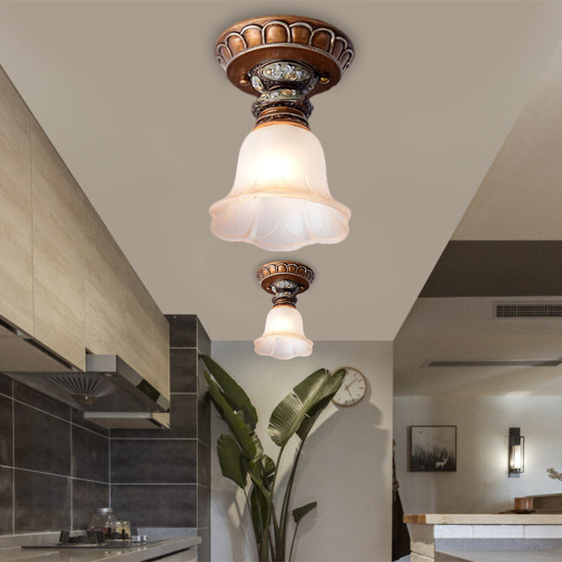 Vintage Floral Flush Ceiling Light With White Opaline Glass And Carving Pattern Coffee
