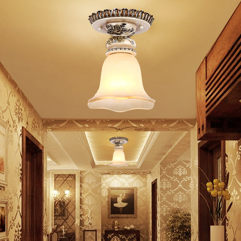 Vintage Floral Flush Ceiling Light With White Opaline Glass And Carving Pattern Brown