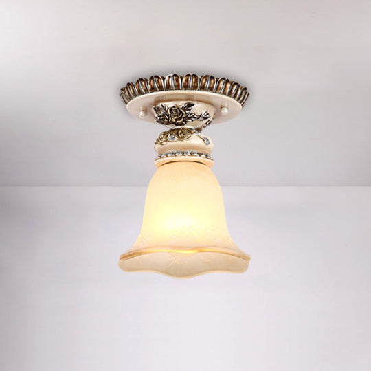 Vintage Floral Flush Ceiling Light With White Opaline Glass And Carving Pattern