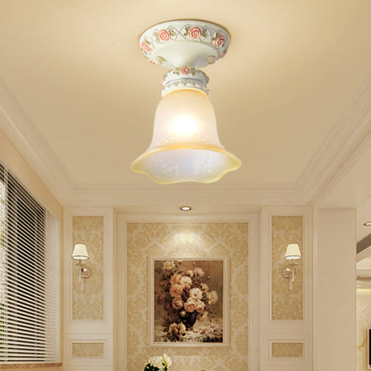 Vintage Floral Flush Ceiling Light With White Opaline Glass And Carving Pattern Pink