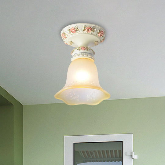 Vintage Floral Flush Ceiling Light With White Opaline Glass And Carving Pattern
