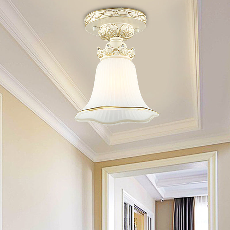 1 - Head Vintage Flush Mount Ceiling Light With Milky Glass Flower Design