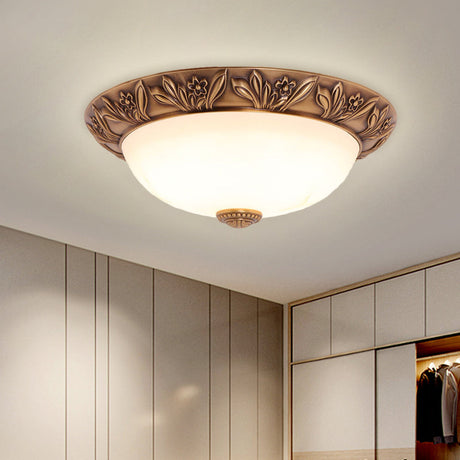 Antiqued Brass Flush Mount Bowl Light Fixture With Multiple Head Options 12/16/21.5 Width