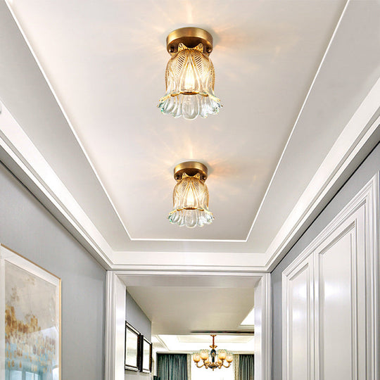 Farmhouse Flower Lattice Brass Flush Mount Ceiling Lamp With Clear Glass