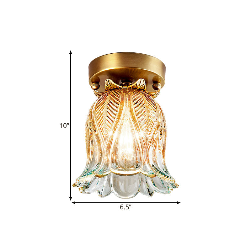 Farmhouse Flower Lattice Brass Flush Mount Ceiling Lamp With Clear Glass