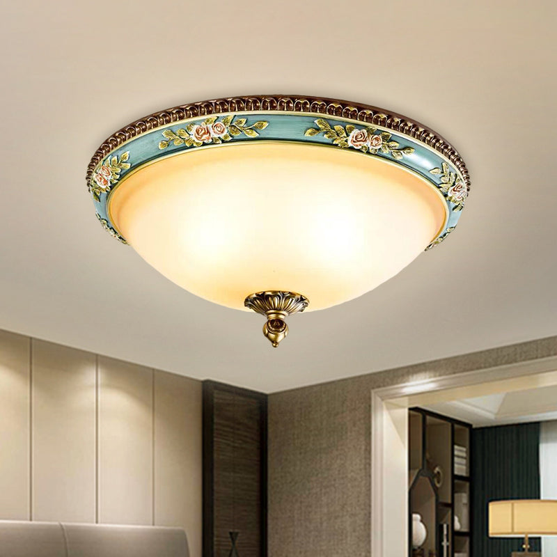 Opal Glass Led Ceiling Fixture With Carved Flower Design And Blue Flush Mount - Warm/White/3 Color