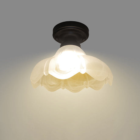 Countryside Flower Ribbed Glass Flush Mount Ceiling Fixture - Single Head White With Black Finish