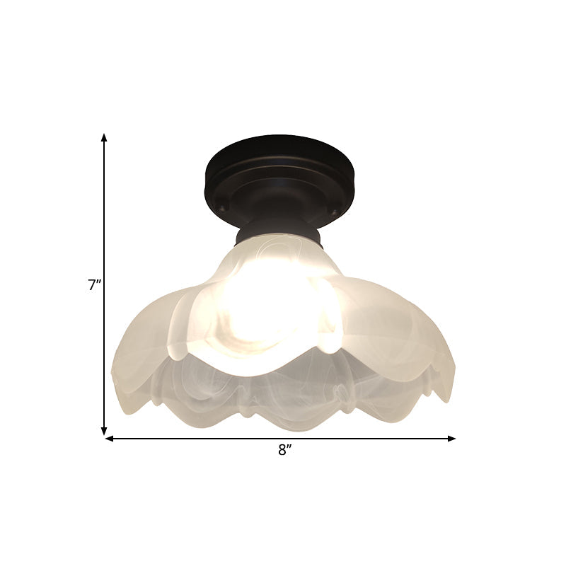 Countryside Flower Ribbed Glass Flush Mount Ceiling Fixture - Single Head White With Black Finish